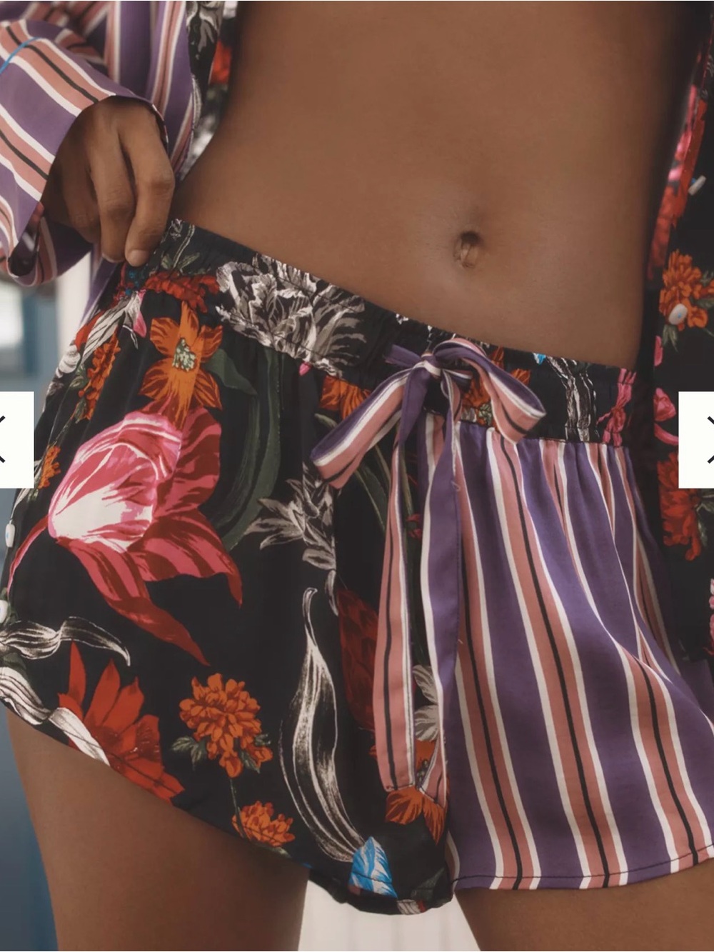 Anthropologie Black Floral & Purple Stripe Satin Lounge Shorts